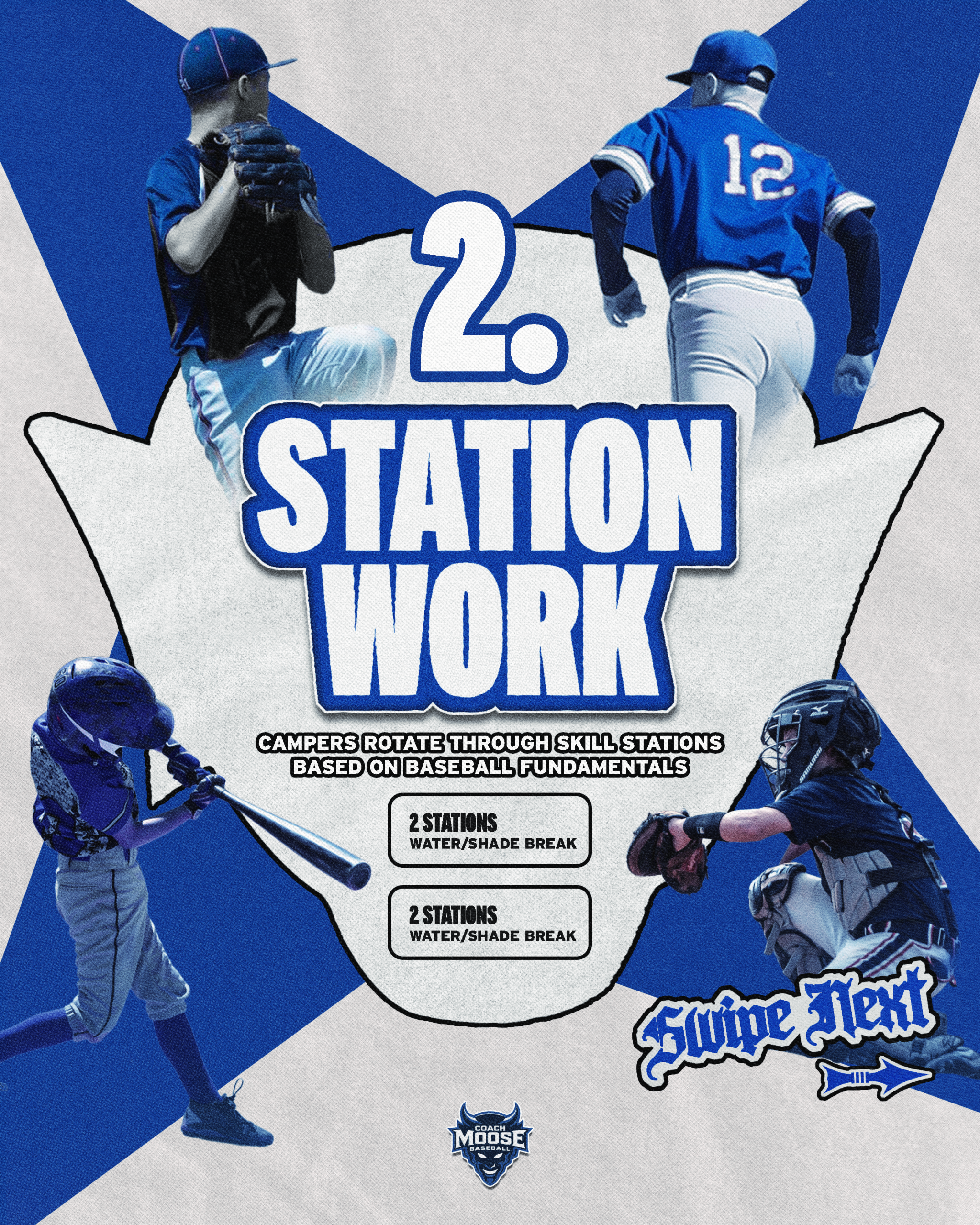 Youth baseball camp station work - hitting fielding and pitching drills coached by Duke Baseball staff